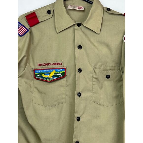 Boy Scotts of America Mens Med Long Tan Long Sleeve Button Up Shirt with Patches - Picture 5 of 8